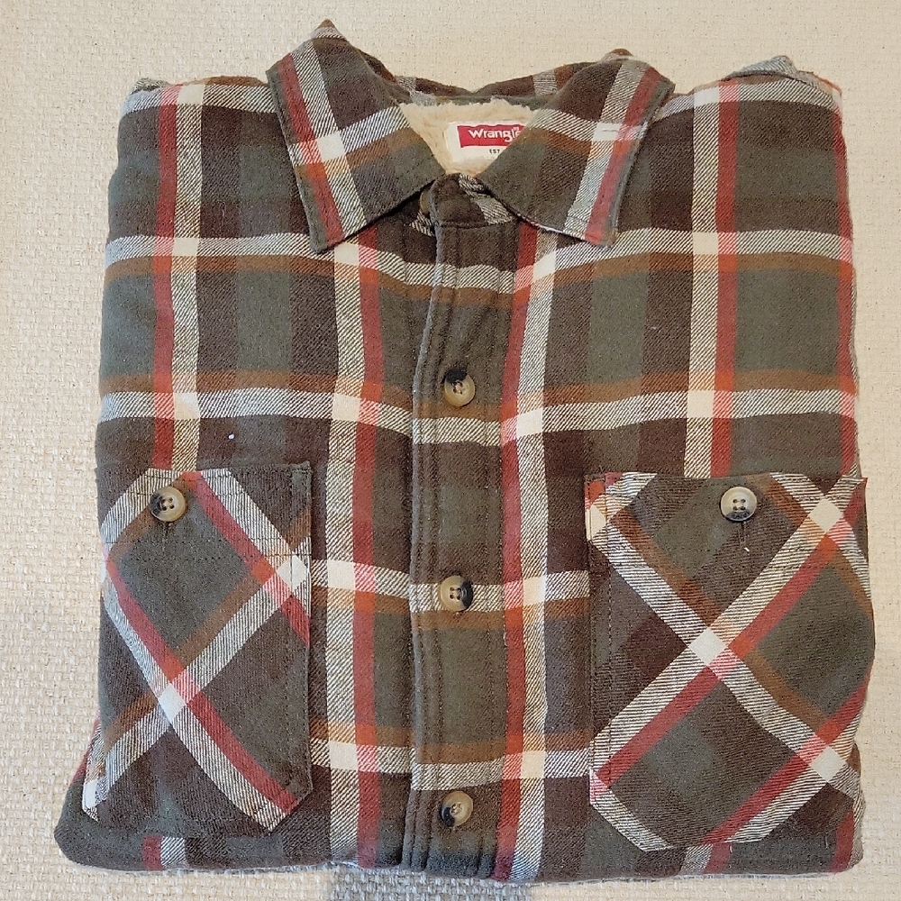 Wrangler Sherpa Lined Olive and Rust Plaid Flannel Shirt